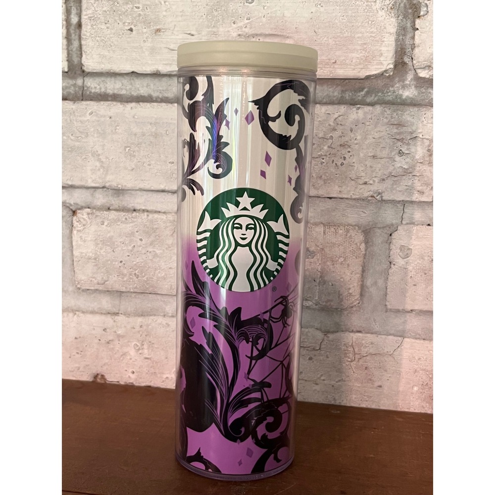 Starbucks 2021 Halloween Tumbler Cup Black Purple Cat Spider Glow in the Dark